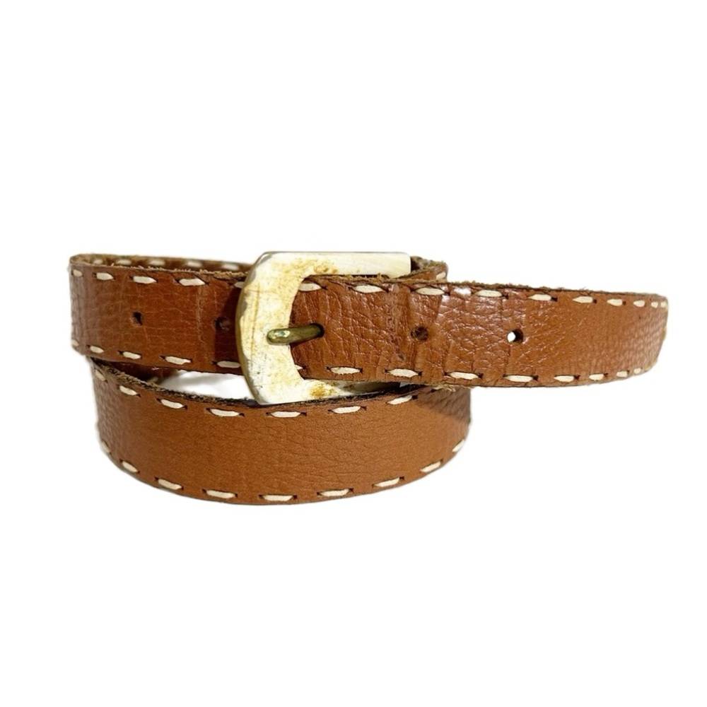 Vintage 90s Y2K Gap Brown Pebbled Leather Belt White Stitching Brass Buckle
